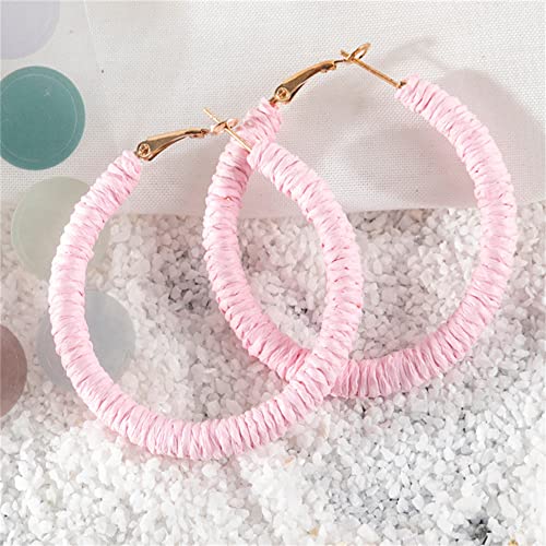 Handmade Rattan Earrings - Large Circle Braided Straw Wicker Drop Earrings - Light Weight Summer Hoops - color: B pink