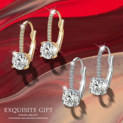 Ladies 1 Carat Diamond Pendant Earrings 18K Gold Plated Cubic Zirconia Hanging Lever Bridal Earrings Girls and Women's Fashion Jewelry - color: 2-Color Set (Gold, silver)