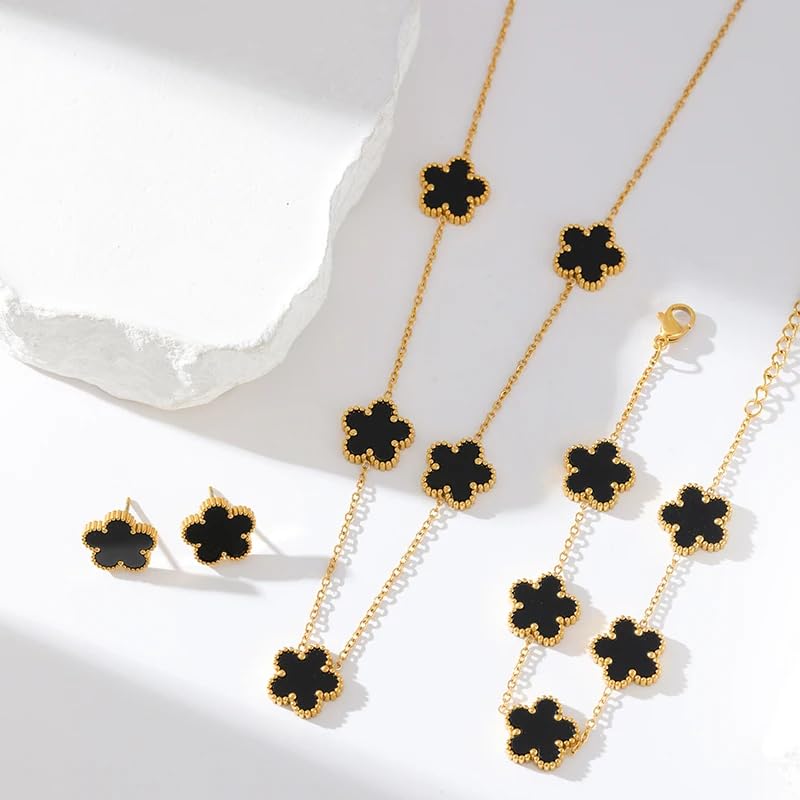 14K Gold-Filled Clover Necklace For Women - Classic Five-Leaf Flower Set Bracelet Necklace Earrings Jewelry Set, Five Leaf Clover Necklaces Dainty Lucky Clover Jewelry - color: Black - Clover Necklace