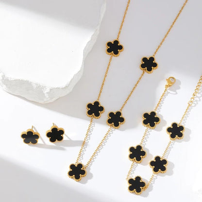 14K Gold-Filled Clover Necklace For Women - Classic Five-Leaf Flower Set Bracelet Necklace Earrings Jewelry Set, Five Leaf Clover Necklaces Dainty Lucky Clover Jewelry - color: Black - Clover Necklace