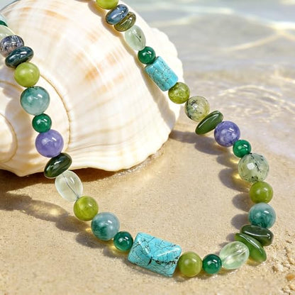Boho Colorful Chunky Statement Beaded Necklaces for Women,Handmade Women's Fashion Gemstone Bead Choker Necklace,Western Natural Stone Strand Necklace Bib Collar Jewelry Unique Gifts for Women - color: 02-Green