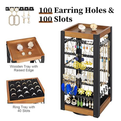 360° Rotating Jewelry Organizer, Earring Holder with Ring Tray & Hooks | Stores 200+ earrings, rings, necklaces and bracelets with a bamboo tray for perfume, lipstick and vanity essentials. - color: Black