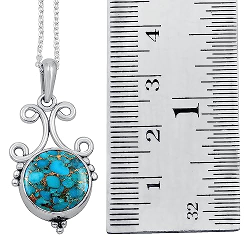 Natural Round Gemstone Pendant Necklace for Women, 925 Sterling Silver | Solitaire Birthstone Jewelry With 18 Inch Chain, Handmade Semi Precious Stone Pendant, Jewelry Gift for Mom, Wife & Sister - color: Blue Copper Turquoise