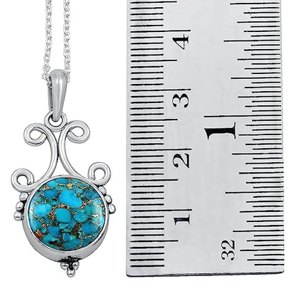 Natural Round Gemstone Pendant Necklace for Women, 925 Sterling Silver | Solitaire Birthstone Jewelry With 18 Inch Chain, Handmade Semi Precious Stone Pendant, Jewelry Gift for Mom, Wife & Sister - color: Blue Copper Turquoise