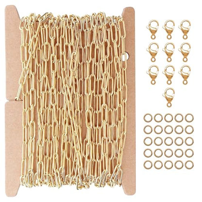 THREENEST 16.4-Feet 3mm Stainless Steel Paperclip Chains with 10 Lobster Claps+25 Jump Rings, 18K Real Gold Plated Soldered Cable Long Craft Chain for Necklace Bracelet Earring Jewelry Making(Gold) - color: Gold, size: Width 3.0mm-16.4 Feet+10 Claps+25 Ri