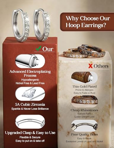 Tungary Small Gold Hoop Earrings for Women Huggie CZ Hoops Earring Stacks | Hypoallergenic Earing Hoops for Sensitive Ears, Earrings Stack Set for Cartilage, Secure Clasp, Silver/Black/14K Gold Plated - color: Silver-Plain & CZ Huggies