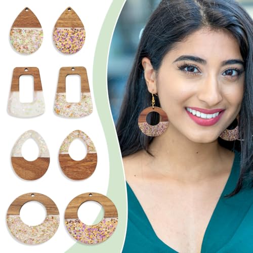 Beadthoven 16Pcs/8 Pairs Resin Wood Earrings Pendants, Colorful Glittery Clear Wooden Charms Pieces Boho Earrings Making Kit for Jewelry Making DIY Craft Women Mix Shapes - color: Clear Glittery Mix