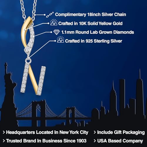 Gem Stone King Initial Pendant Necklace Letter A to Z Alphabet | 10K Yellow Gold and 925 Sterling Silver | White Lab Grown Diamond | Gift Women Mother's Day Wife Mom Girlfriend Anniversary Birthday | - style: Initial N