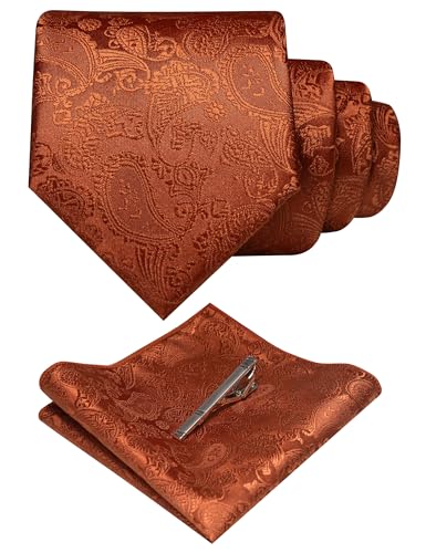 JEMYGINS Mens Solid Color Paisley Necktie and Pocket Square with Tie Clip Sets - color: 52 Rust