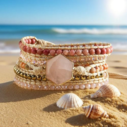 Handmade Boho Wrap Bracelets Natural Turquoise Crystal Stone Variety Beaded Strand Bracelet - color: Pink Quartz