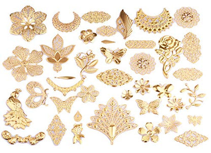 100g Gold Filigree Connectors Charms Pendants Findings Iron Metal Embellishments for DIY Hairpin Headwear Earring Jewelry Making, Nickel Free (Gold) - color: Gold