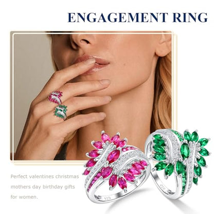 Statement Flower Ring Cocktail Leaf Ring Birthstone Anniversary Signet Ring | Hypoallergenic|14K Gold Plated|Sterling Silver Sparkling Engagement Promise Party Ring for Women, Size 6 to 10(With Box) - color: Leaf -White Gold Emerald