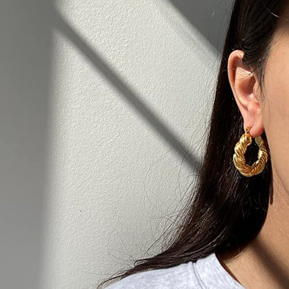 Chunky Gold Hoop Earrings for Women 14k Gold Plated Thick Triple Earrings | Hypoallergenic Trendy Chunky Gold Hoops Earrings,Dainty Jewelry Gifts for Women - style: twisted hoop earrings 1