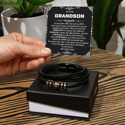 To Our Grandson Bracelet from Grandpa and Grandma - Love You Forever Engraved Leather Wristband with Inspirational Message Card - Sentimental Birthday Graduation Gift for Men, Teen - color: Version-06