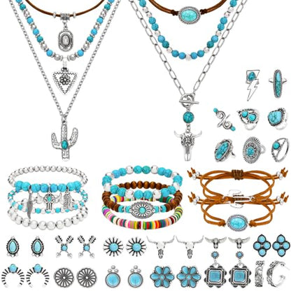 NEWITIN 20 Pieces Silver Bohemian Jewelry Set for Women Fashion Costume Jewels Turquoise Necklace Bracelet Ring Earrings Western Turquoise Jewelry Set for Women - color: Turquoise Jewelry Set A