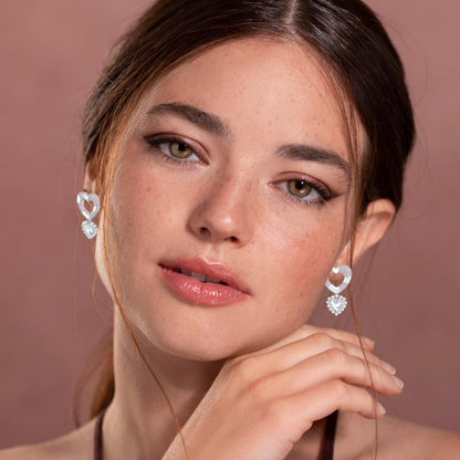 18K Gold Plated & Silver Chunky Heart & Bow Earrings for Women, Chunky Heart Dangle Hoops/Tiny Studs, Kawaii Dainty Hypoallergenic Jewelry for Multiple Piercings, Gift for Her - style: Pink Zircon Love