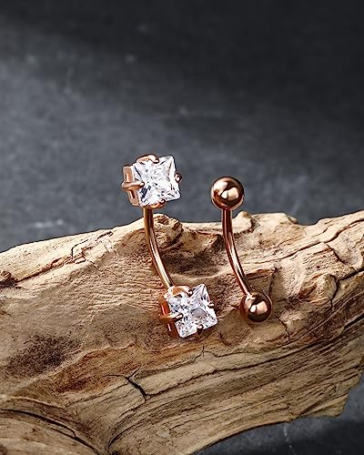 2pcs 16g Small Size Belly Button Rings Pack Surgical Steel Square AAA CZ Curved Barbell Navel Rings New - color: rosegold