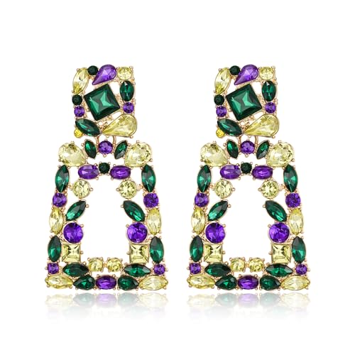 Flyonce Rectangle Clip-on Drop Earrings for Women, Sparkly Rhinestone Crystal Geometric Statement Non Pierced Earring Wedding Prom Party Jewelry for Brides Bridesmaid - color: Mardi Gras