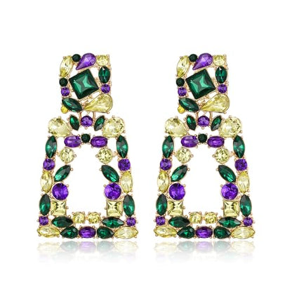 Flyonce Rectangle Clip-on Drop Earrings for Women, Sparkly Rhinestone Crystal Geometric Statement Non Pierced Earring Wedding Prom Party Jewelry for Brides Bridesmaid - color: Mardi Gras