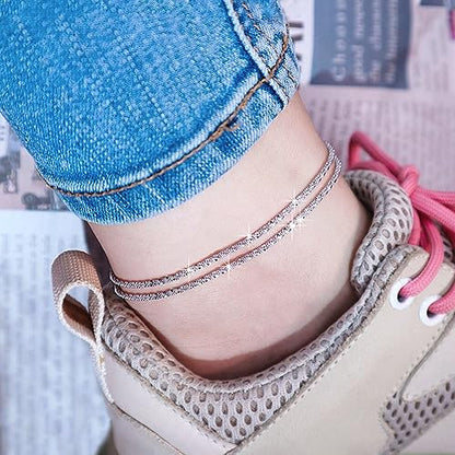 Ankle Bracelets for Women,14K Gold Plated Snake Chain Anklet for Women Beach Cute Anklets - color: Layered Chain Silver