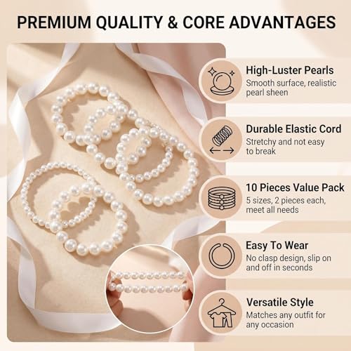 QUUPY 10Pcs White Faux Pearl Bracelets Set, 5 Sizes Stackable Elastic Beaded Bracelets, Elegant Jewelry for Bridal, Wedding, Bridesmaid, Party, Daily Wear and Gifts
