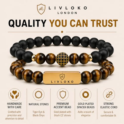 LONDON Mens Bracelet Leather Black Multi-Layer Stone Beads Adjustable Steel Clasp Viking Rope Bands Surfer Man Wristband Male UK Jewellery Gift box Boyfriend Dad Son Brother Tiger Eye - color: H. Tiger-Eye Black Agate Stacked, size: Small to Medium 18-20c