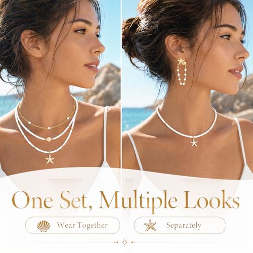 Sea Shell Necklace Set for Women, 3PCS Gold White Alloy Seashell Necklaces with 2PCS Matching Starfish Earrings, Ocean Inspired Beach Vacation Jewelry