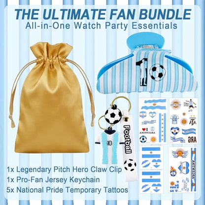 2026 Soccer Commemorative Gift Set for Girls and Women, Sky Blue Stripe Hair Claw Clip, No. 10 Jersey Keychain & Argentina Flag Stickers, Tribute Keepsake Accessories