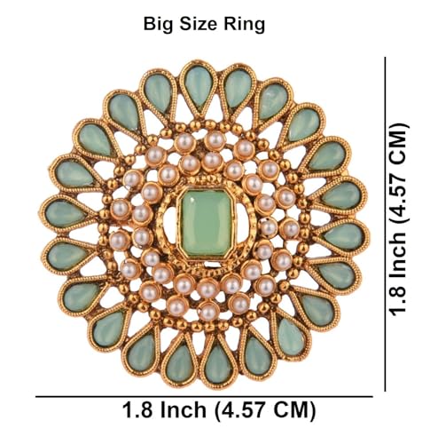Efulgenz Indian Jewelry Ring Round Faux Pearl Crystal Adjustable Big Finger - color: Mint