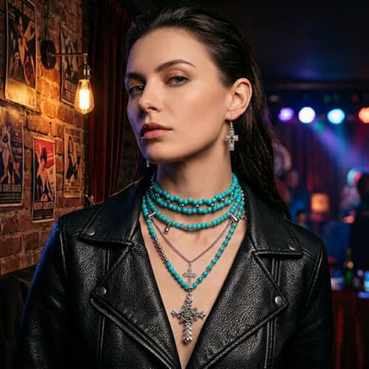 Bocar Gothic Cross Layered Pearl Necklace Chunky Statement Stacked Necklace Y2K Silver Layered Necklace for Women (NK-10769) - color: Tur