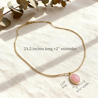 Sonateomber Gold Stone Pendant Necklace for Women, Chunky Statement Dainty Heart Oval Natural Gemstone Dangle Necklaces Wedding Prom Accessories Fashion Jewelry Gift - color: Pink Rose Quartz