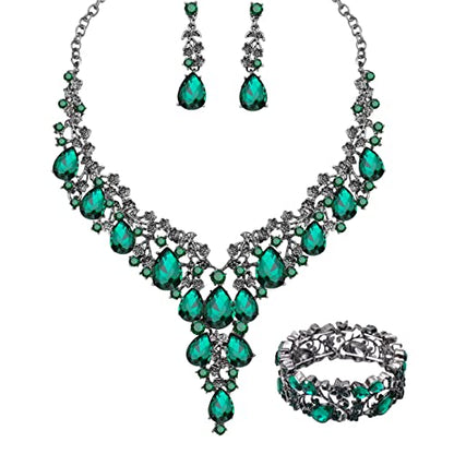 CSY Elegant Crystal Costume Jewelry Sets Flower Bridal Necklace Earrings Stretch Bangle Set for Bride Bridesmaid Wedding Dress Accessories - color: green crystal-black tone