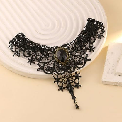 Gothic Victorian Style Vampire Choker Necklace for Women Black Crystal Tassel Lace Collar Necklace Halloween Punk Black Sexy Lace Necklace Halloween Cavewoman Costume - style: Long Teardrop Tassel