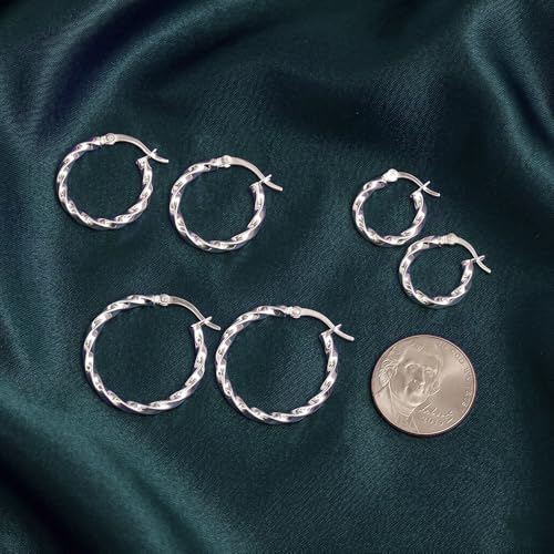 Charmsy Set of 3 Pairs 925 Sterling Silver Hoop Earrings for Women | Lightweight Italian 2.5mm Tube Diamond-Cut Classic Texured Click-Top Hoops Earring | Size 12/13/15/18/20/25mm - color: Twist-15/20/25mm