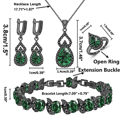 LMXXVJ Women Jewelry Set Platinum Plated Necklace Open Ring Earrings Bracelet Set,Birthday/Anniversary Mother’s Day Jewelry Gifts for Mom/Wife/Sister/Best Friend - color: Black Gun-Green
