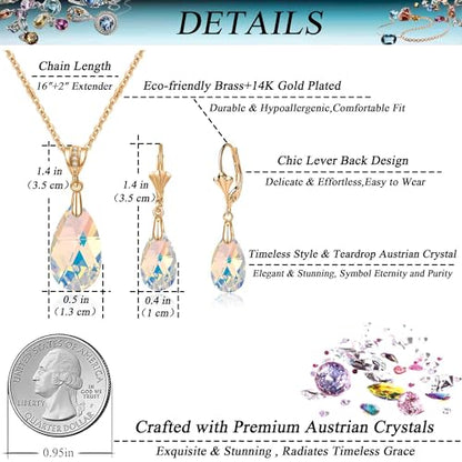 Austrian Crystals Teardrop Pendant Necklace Earrings for Women 14K Gold Plated Hypoallergenic Leverback Drop Dangle Earrings Jewelry Set - color: Aurora Borealis