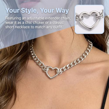 Stainless Steel O Ring Choker Necklace for Women Men Chunky Cuban Chain Collar Punk Statement Jewelry Gift for Edgy Streetwear & Aesthetic Outfits - color: Silver 1 heart