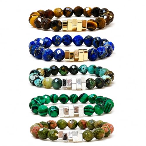 5Pcs Square Accent Natural Stone Beaded Ring Set for Women, Handmade Faceted Stackable Stretch Rings, Boho Gemstone Gift