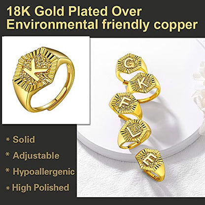 U7 Initial Ring Wedding Band for Men Women 18K Gold Plated Statement Hexagon A-Z Letter Jewelry Personalized Stackable Signet Rings - color: D