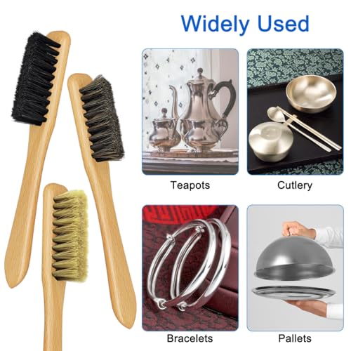 6 Pcs Silver Polishing Kit, 3 Pcs Horsehair Silver Cleaning Brushes + 3 Pcs Polishing Cloth for Silverware, Horsehair Detail Brush Set for Sterling, Cutlery, Metal, Silverware Plateware Jewelry - size: 3Brushes+3Polishing Cloth
