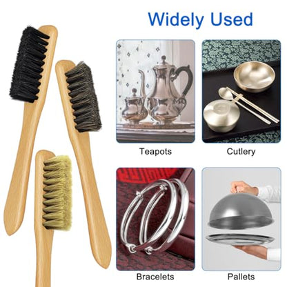 6 Pcs Silver Polishing Kit, 3 Pcs Horsehair Silver Cleaning Brushes + 3 Pcs Polishing Cloth for Silverware, Horsehair Detail Brush Set for Sterling, Cutlery, Metal, Silverware Plateware Jewelry - size: 3Brushes+3Polishing Cloth