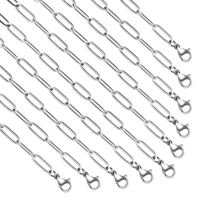 YOUBEIYEE 10 Pack Stainless Steel Paperclip Necklace Chains Bulk | Classic Men and Women Paperclip Chain Necklace Set - color: Steel Color, size: 16inch (4x12mm)