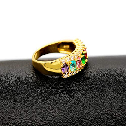 Uloveido Beautiful Women's 7 Stones Wedding Band Oval Cubic Zirconia Engagement Anniversary Rings J501 - color: Gold-Rainbow