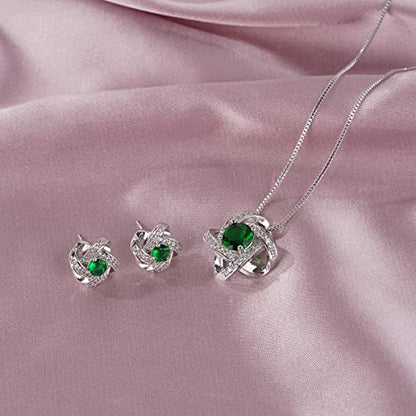 AMYJANE Bridal Jewelry Set for Women - Crystal Cubic Zirconia Love Knot Necklace Stud Earrings Elegant CZ Jewelry Set for Wedding Bride Bridesmaids Gift Set - color: Emerald(14k White Gold Plated)