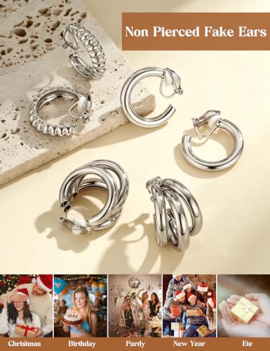 Giovanchi 3Pairs Clip on Earrings for Women with Non-Pierced Ears - Trendy Hypoallergenic 14K Gold Plated Chunky Tube Croissant Waterdrop Clip on Hoop Earrings - style: D-Silver