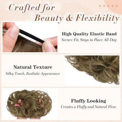 2PCS Messy Bun Hair Pieces Synthetic Hairpieces For Women | Messy Bun and Donut Bun in one set for natural-looking volume and elegant updos for every occasion. - color: Brown with Blonde Highlights