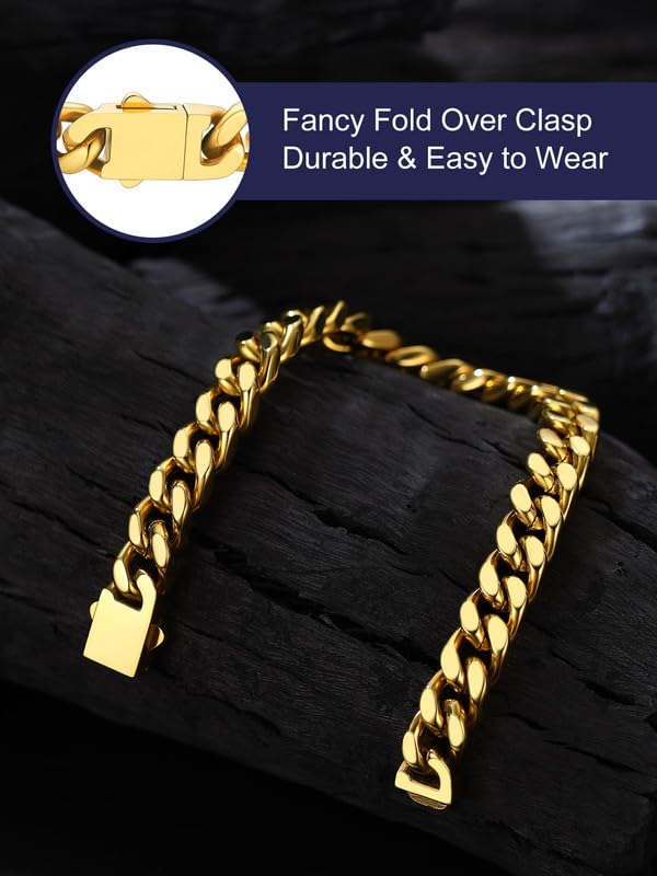 Bandmax Mens Hip Hop Cuban Link Bracelets 5/7/9/12MM Stainless Steel Miami Curb Chain Bracelet Silver/Gold Plated/Black Wristlet Chains for Men 7"-9" - color: 09 9MM-Gold