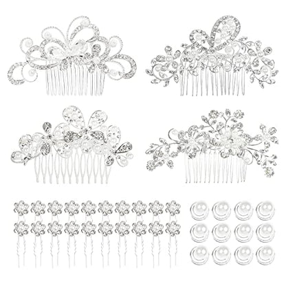 Cinaci 36 Pack Sparkly Silver Rhinestone Pearl Flower Butterfly Bridal Hair Side Combs+U-shaped & Twist Crystal Hair Pins Clips Wedding Headpieces Prom Accessories for Women Girls Brides Bridesmaids