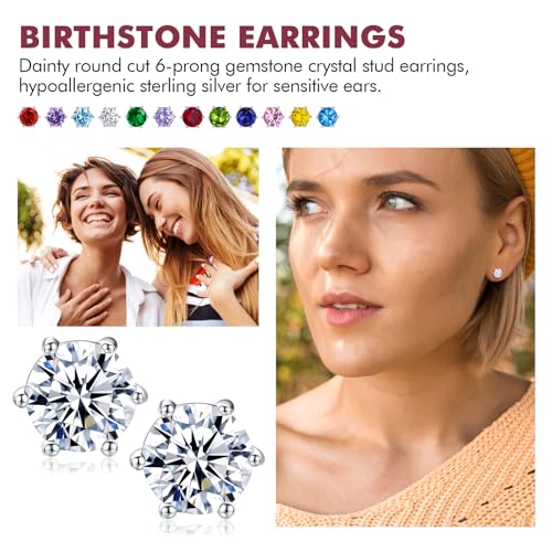 DAYBYDAY 925 Sterling Silver Birthstone Earrings for Women, Crystal Stud Earrings, 6.5mm Round Cut Solitaire Gemstone Earrings Birthday Jewelry - style: Round Cut-04. Apr/5a cubic zirconia