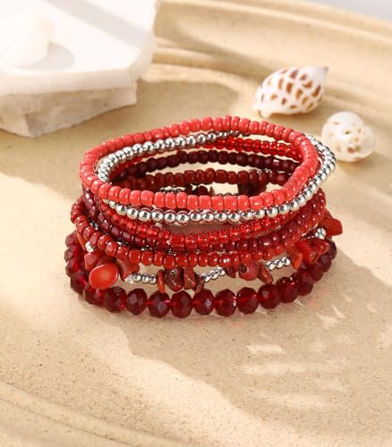 Noessla Boho Beaded Bracelets for Women Stackable Irregular Natural Stone Bead Stretch Bracelet Set 8PCS Costume Jewelry Gifts for Her - color: Red